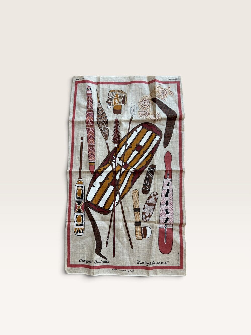 Vtg Australian Linen Tea Towel Hunting Ceremonial Aboriginal Art Neil NOS